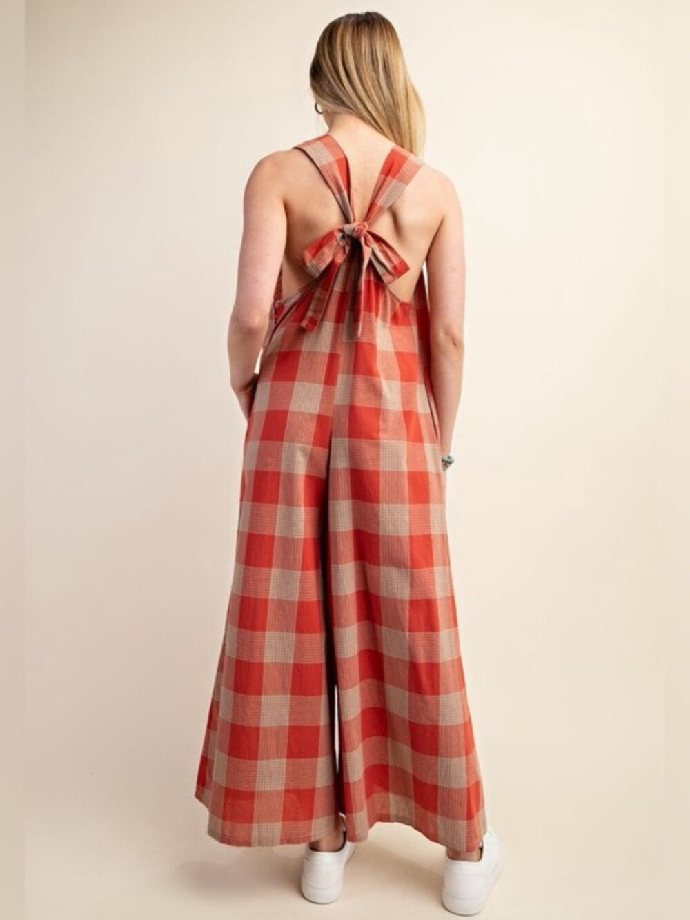 Cotton Plaid Wide-leg Jumpsuit - Picture 2 of 3